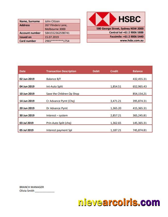 Australia HSBC bank statement fully editable in Word and PDF format